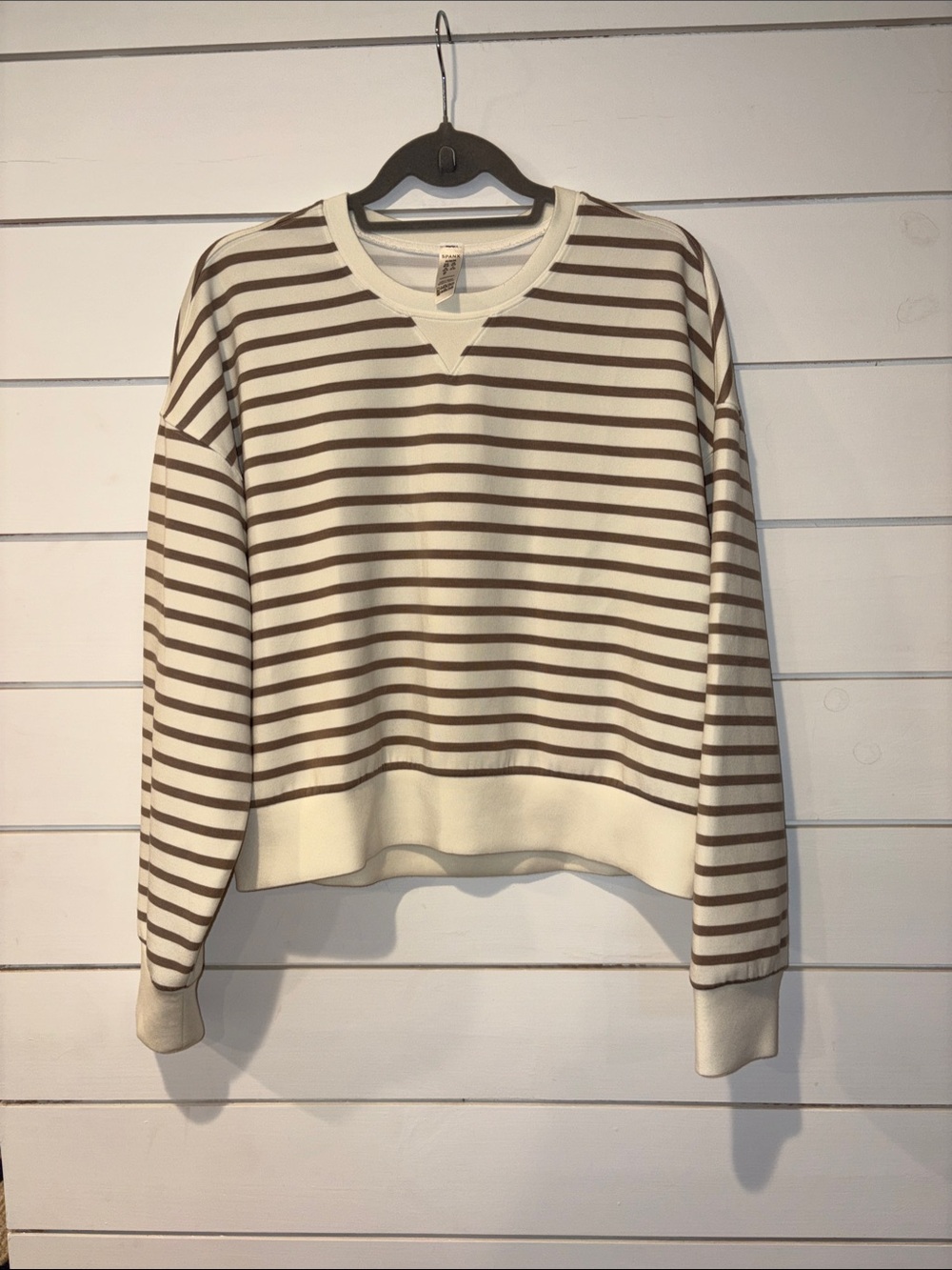 SPANX Cream and Brown Striped Scoopneck Pullover